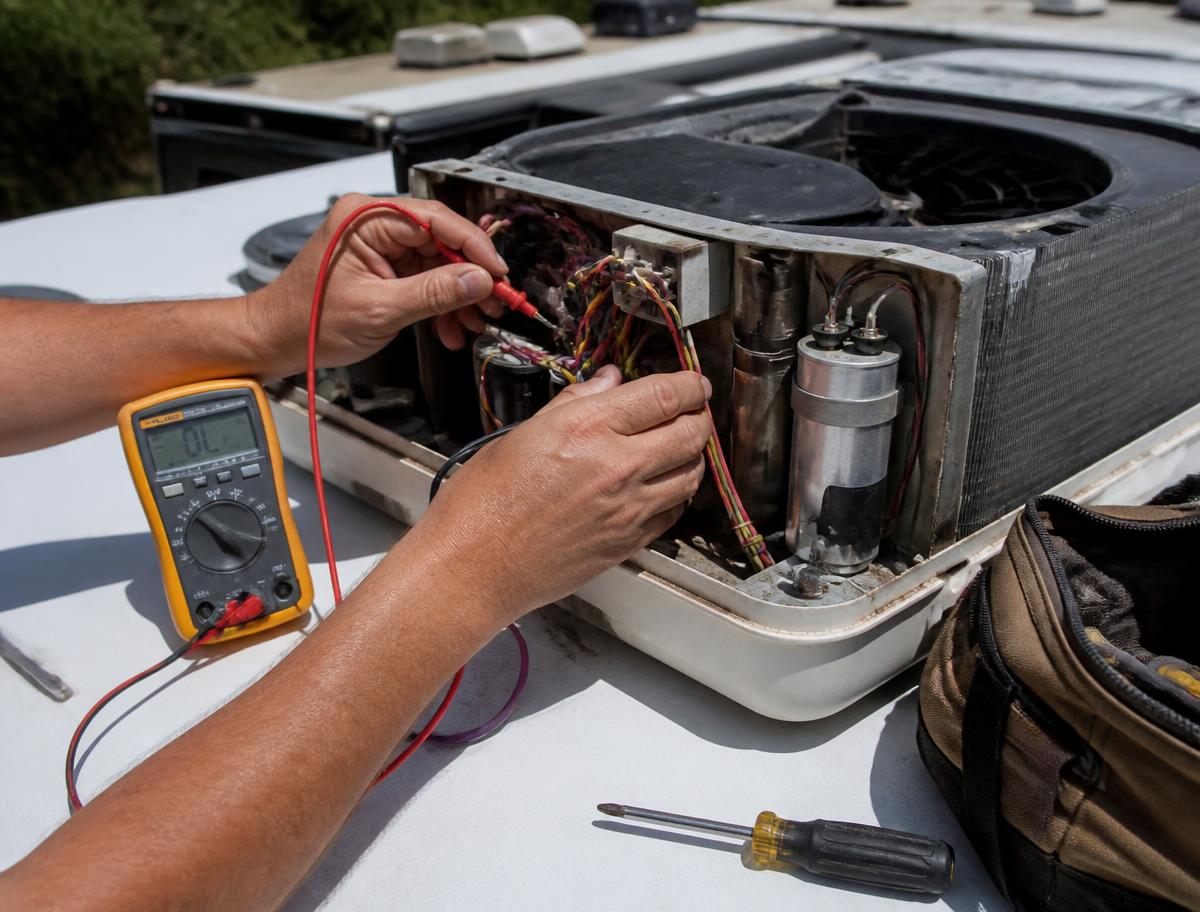Rooftop RV air conditioner opened for capacitor testing during a mobile service call in Montgomery County