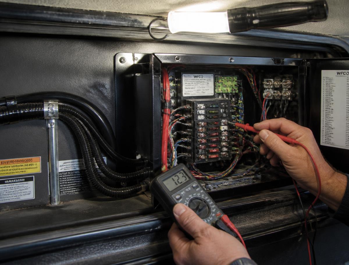 12-volt RV power converter and fuse panel being tested with a multimeter inside a motorhome