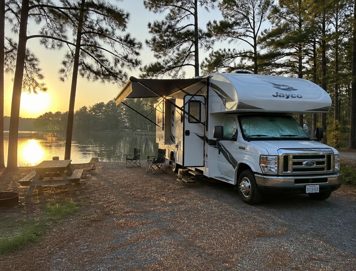 Motorhome parked at a lakeside campsite in the pines near Lake Conroe, Texas