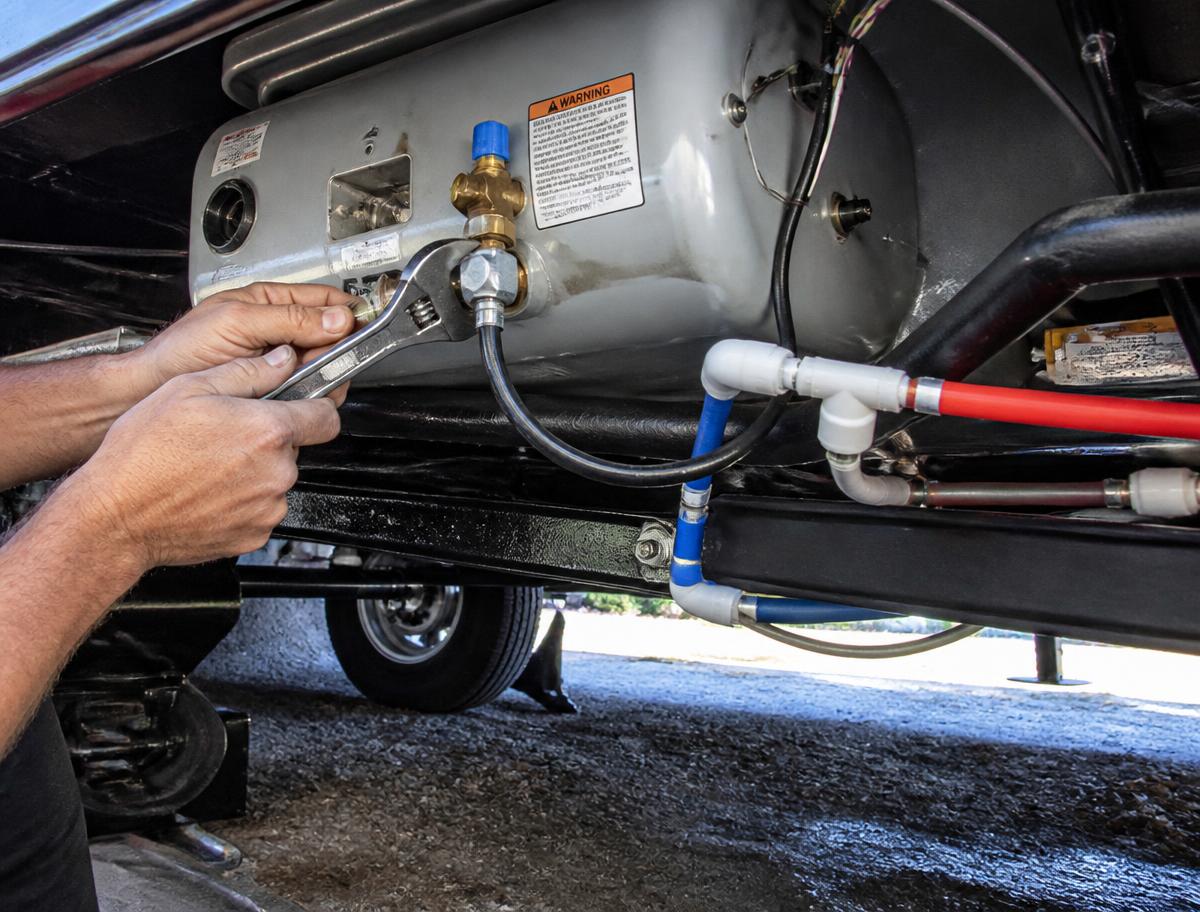 RV water heater plumbing fittings being repaired underneath a travel trailer