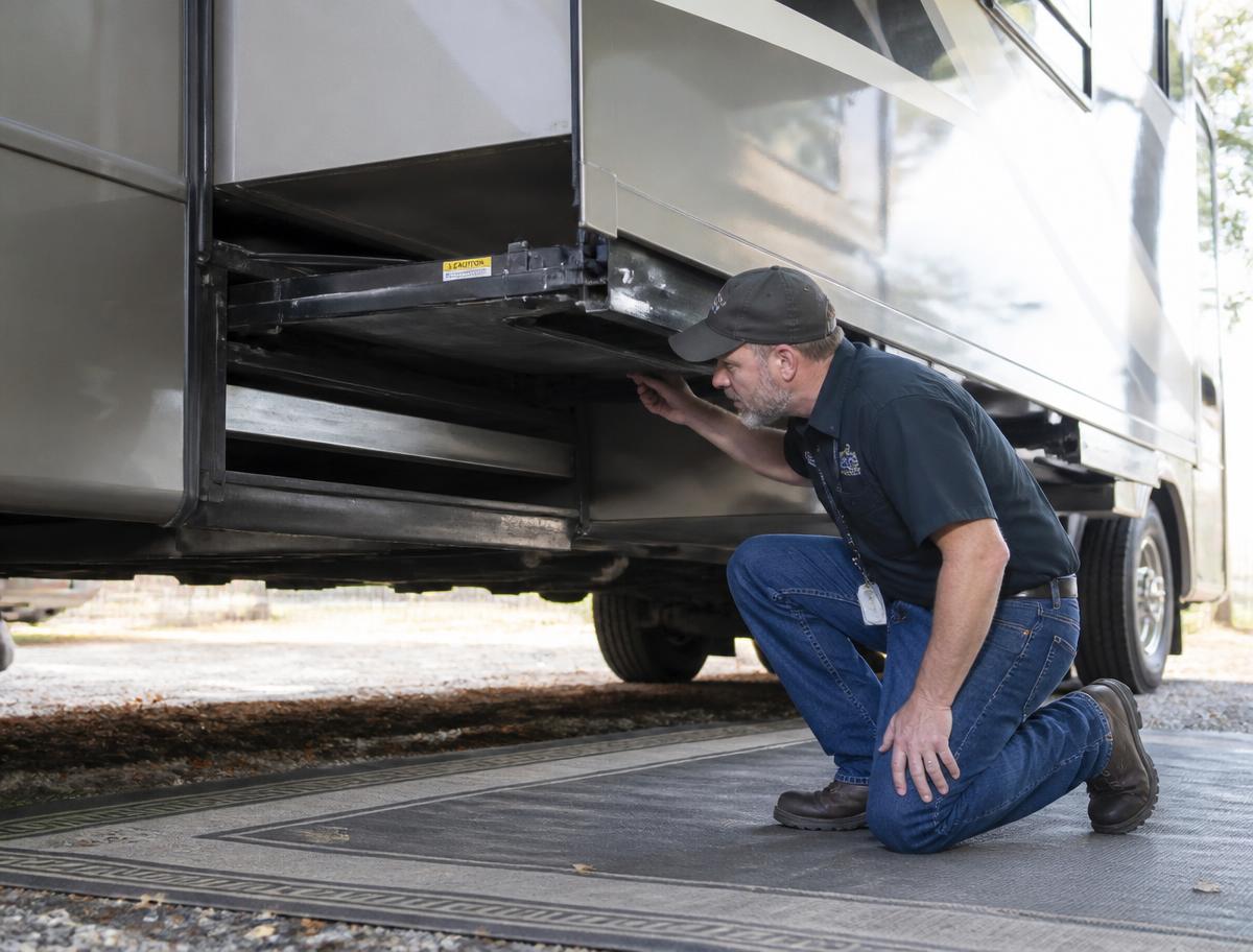 Technician inspecting an RV slide-out mechanism under a motorhome at a Texas campsite